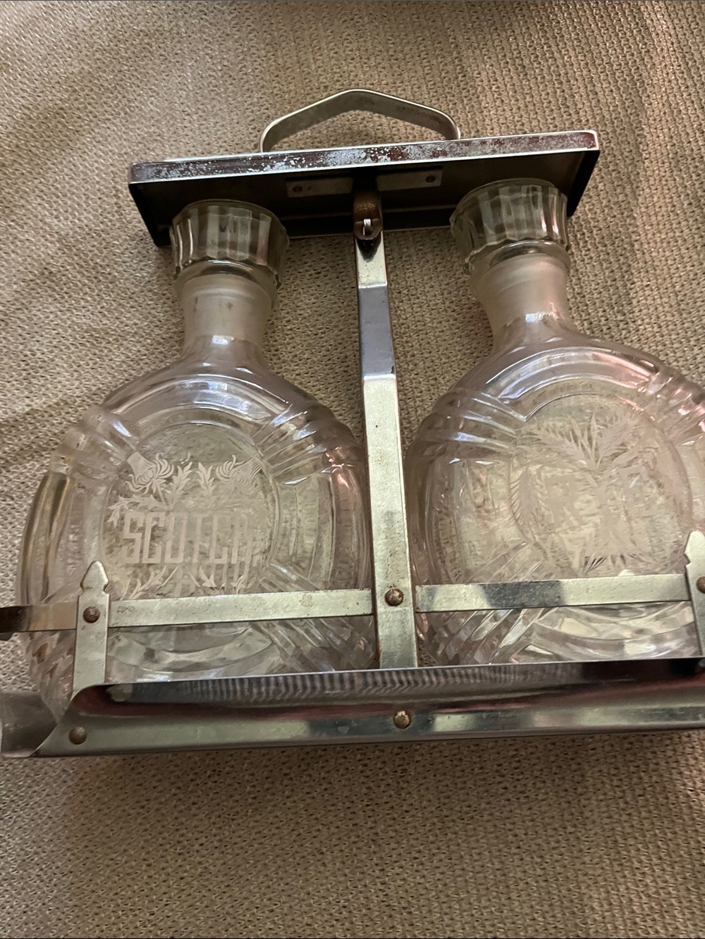 Glass Double Decanter Set with Metal Carrier - Clear Sun Metal Co.Circa 1960